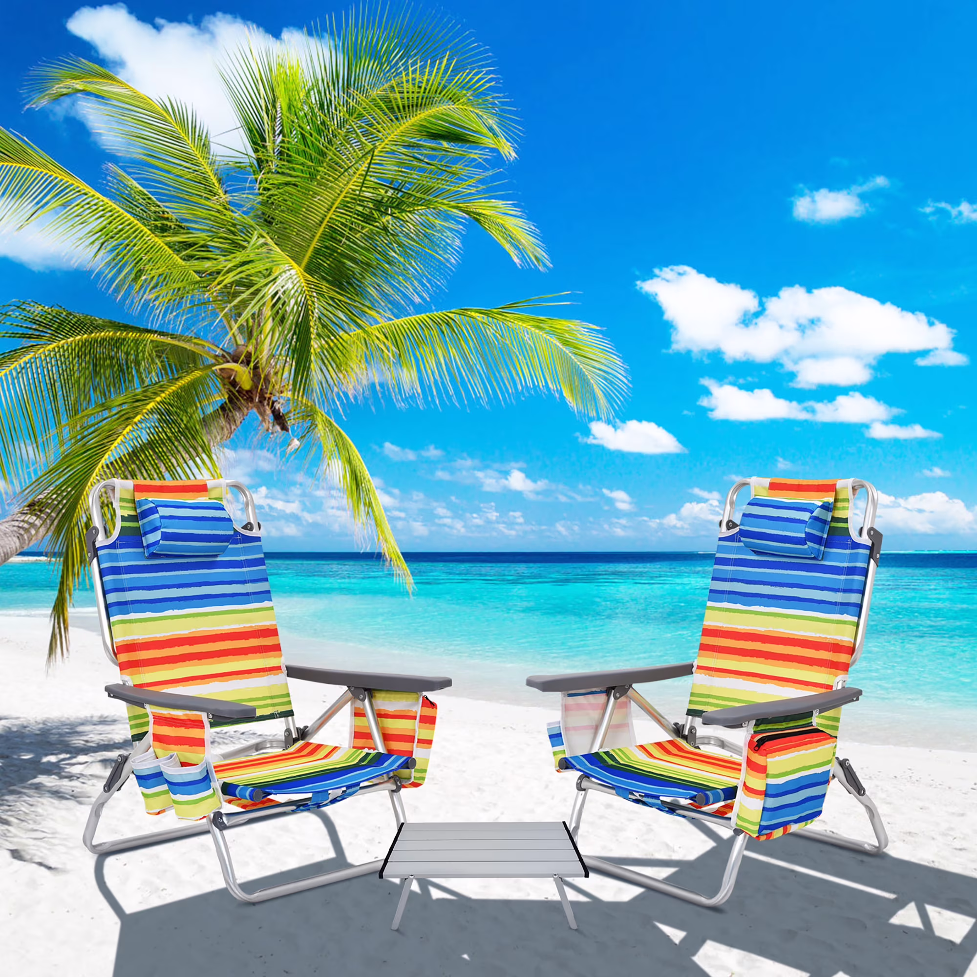 Costway 2-Pack Folding Backpack Beach Chair Table Set 5-Position Outdoor Reclining Chair Pink - Image 9