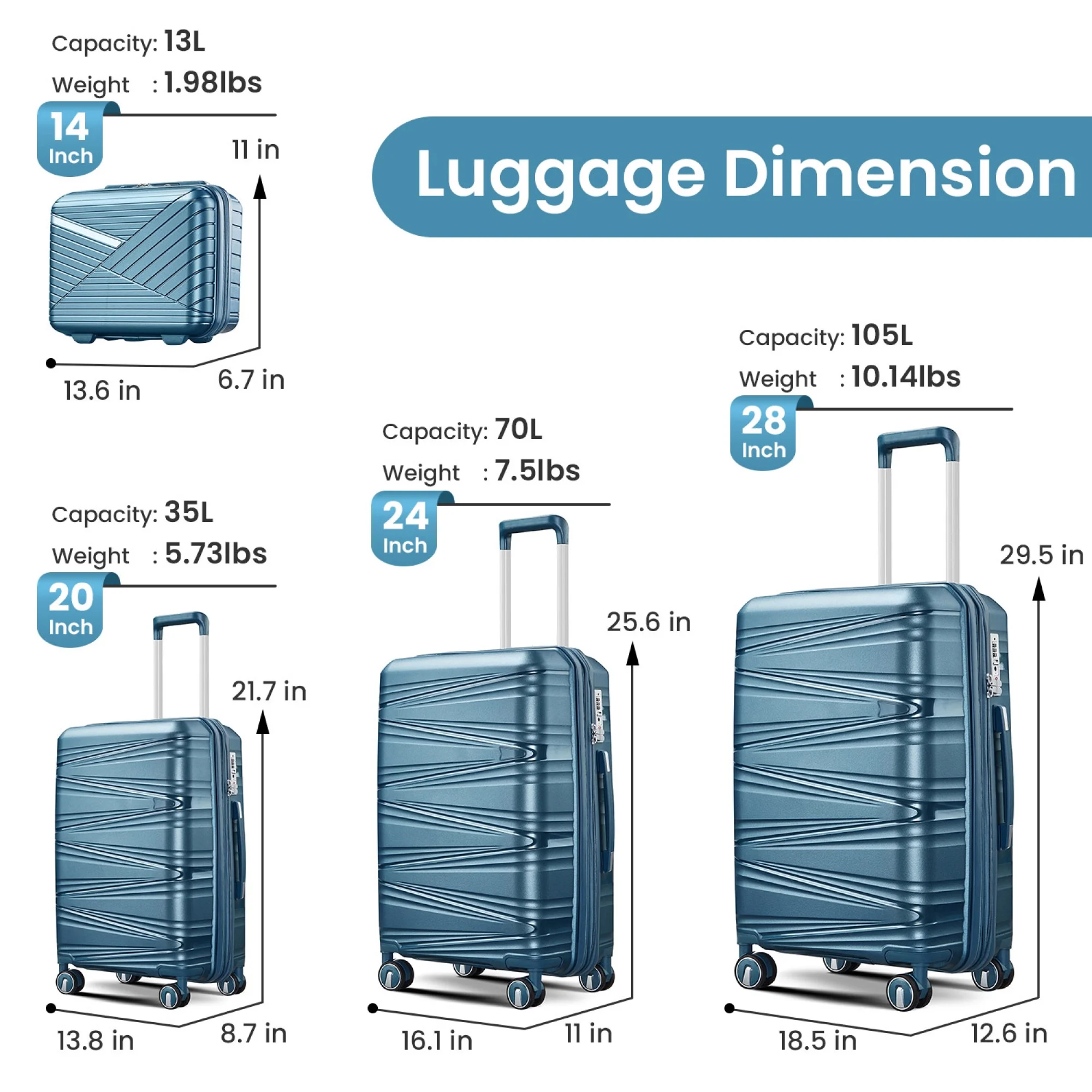Luggage 4 Piece Sets(14/20/24/28), Hard Shell Lightweight TSA Lock Carry on Expandable Suitcase with Spinner Wheels - Image 12