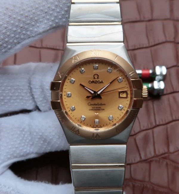 Replica Omega V6 Constellation 35mm Yellow Dial YG Bezel Diamonds Markers SS Bracelet A2500 - Top club