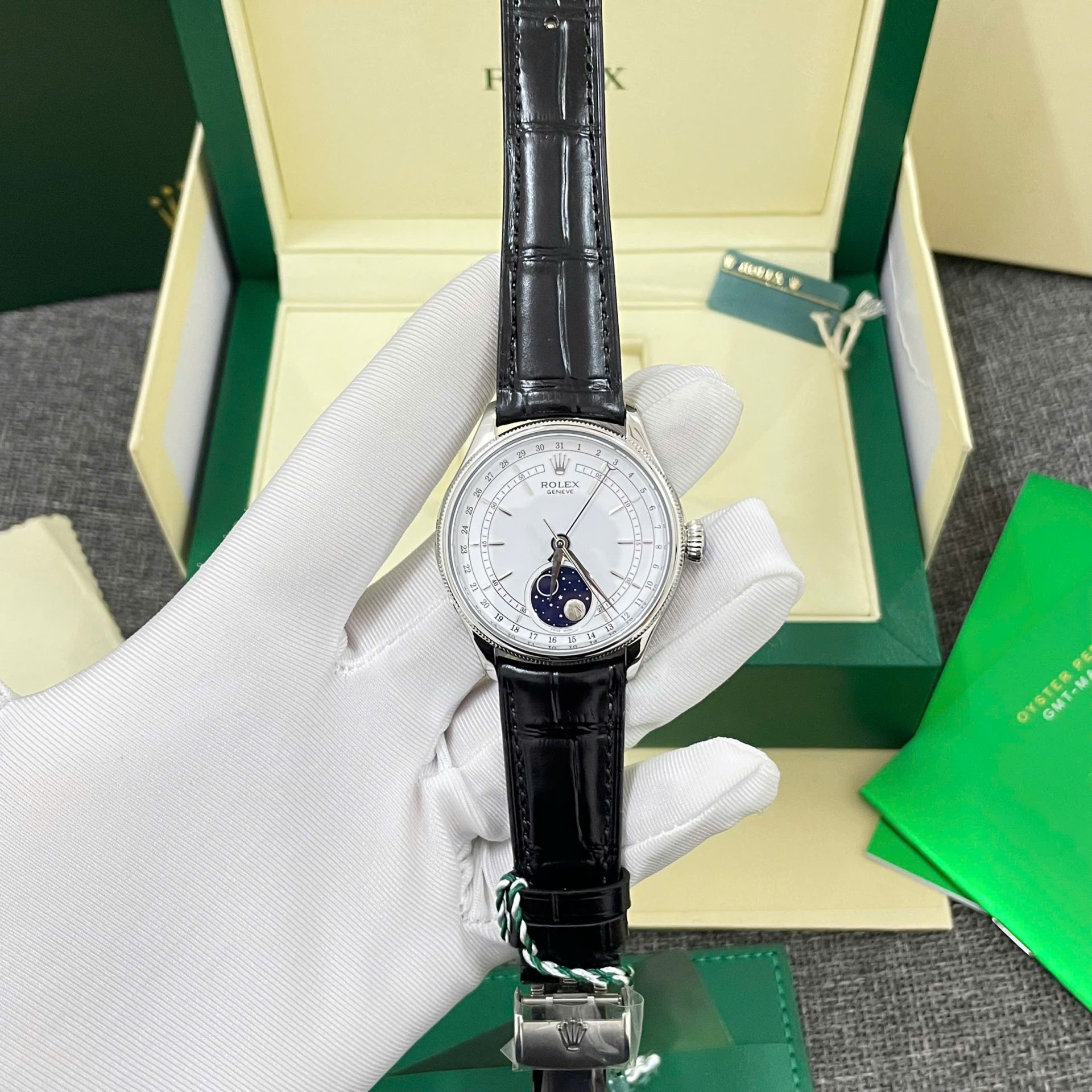Rolex High End Watch Replicas Cellini Moonphase White Dial Leather Strap 39mm - Elite Watch Atelier