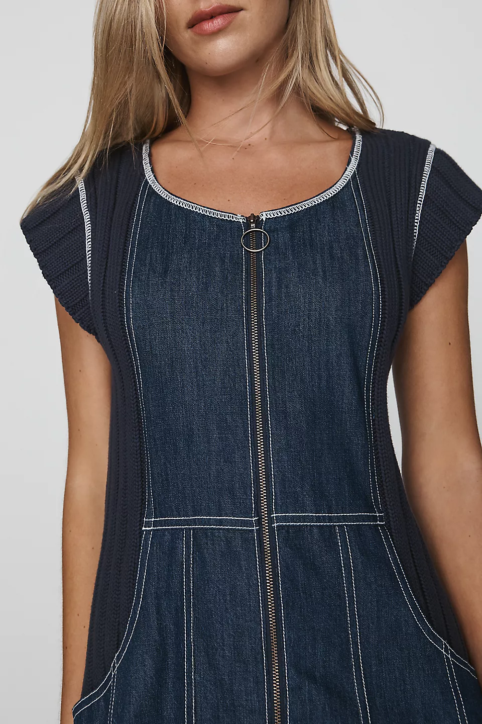 Cap-Sleeve Denim Swing Mini Dress