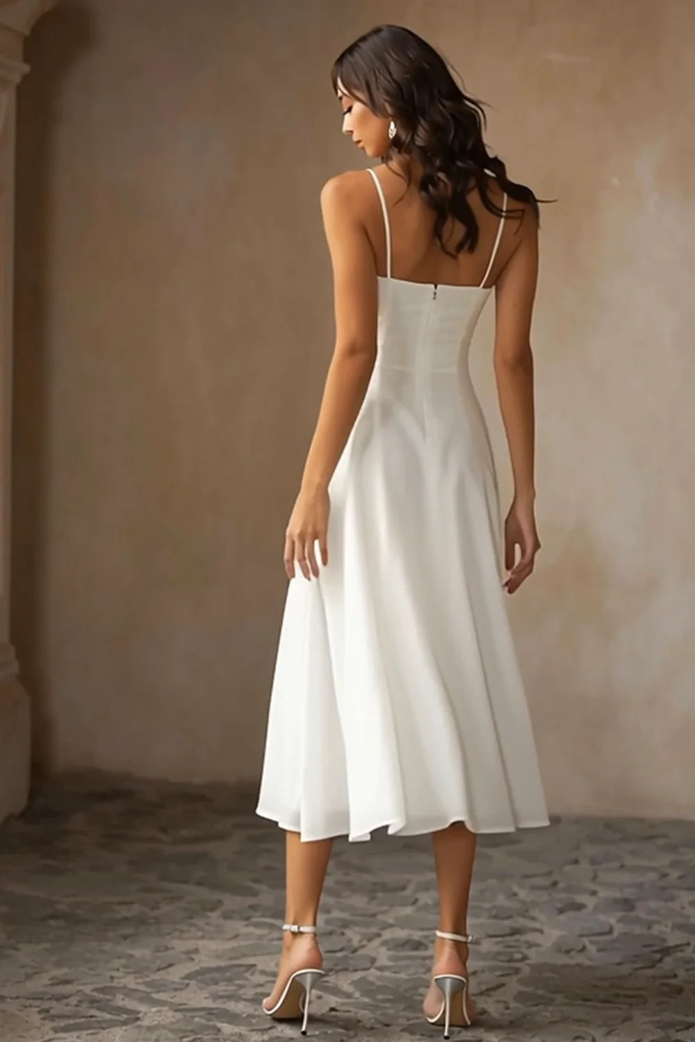 White Chiffon A Line Spaghetti Straps Midi Engagement Dress