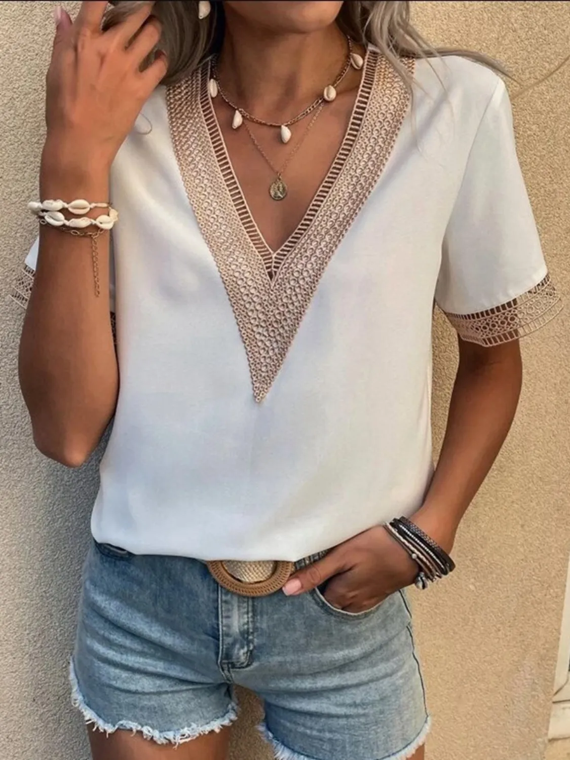 Full Size V-Neck Short Sleeve Blouse Plus Size - ZKZOOK