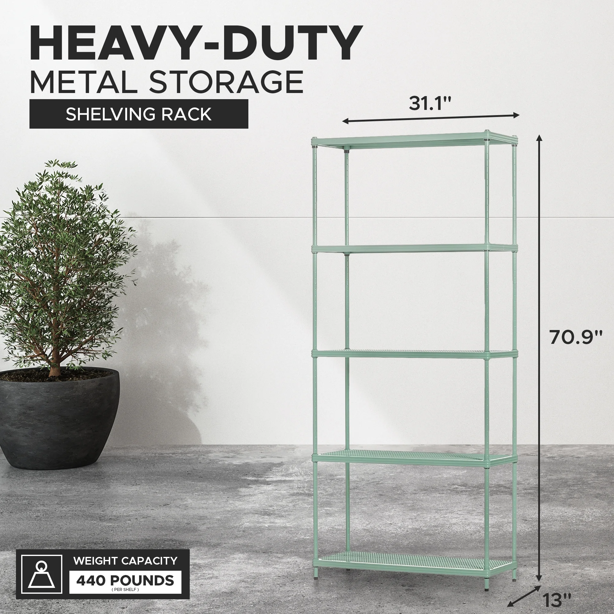 Design Ideas MeshWorks 5 Tier Steel Storage Shelving Unit Bookshelf, Green