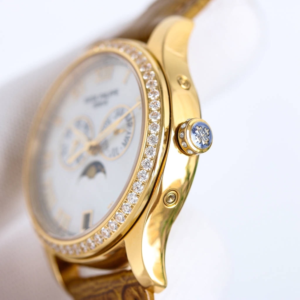 Fake diamond Watch Patek Philippe Replica 4936J-001 Complications Ladies Annual Calendar Moon Phase 37mm White Mother of Pearl Roman Diamond Bezel Yellow Gold Leather Date(1:1 replica) - Top club