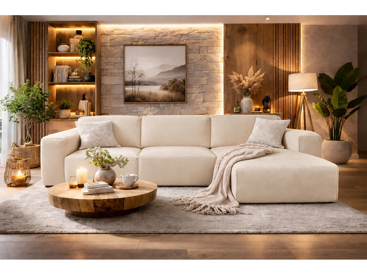Canapé d’angle LUXOR L droit convertible avec coffre – canapé salon moderne, lit d’appoint, tissu beige, canapé familial confortable