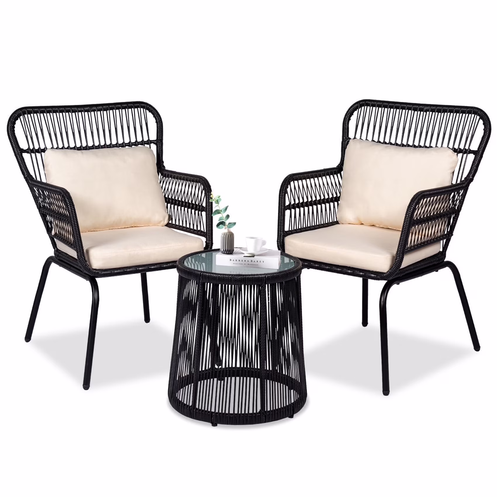 Tappio 3-Piece Patio Conversation Bistro Set Rattan Furniture, Outdoor Patio Set w/Glass Top Table & Cushions for Garden Balcony Backyard Poolside, Yellow/Beige - Image 5