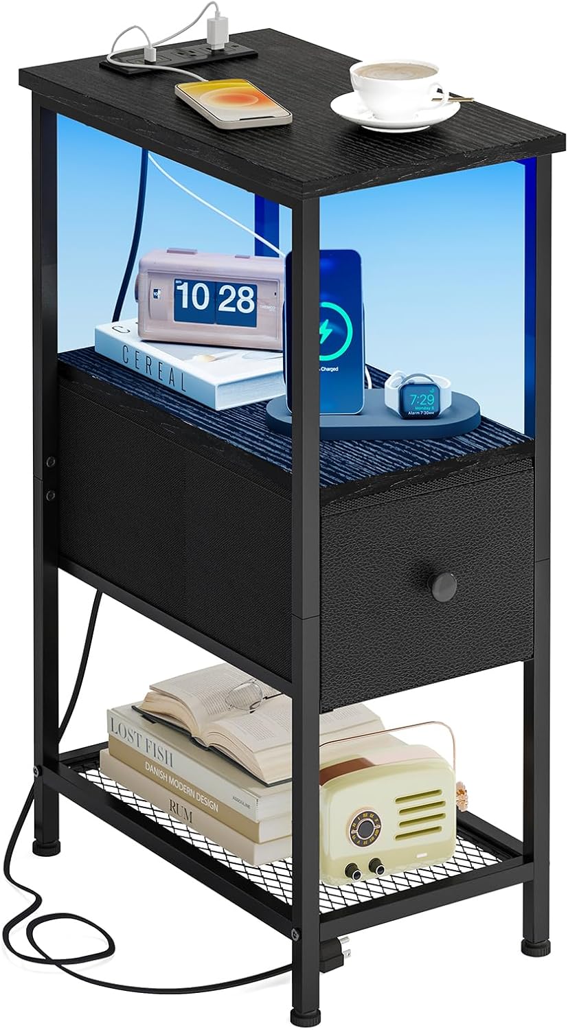 Fixwal Narrow Side Table with Charging Station and LED Light, Skinny Nightstand with 2 Fabric Drawers, Slim End Table for Bedroom, Dorm, Small Space, White - Image 3 Fixwal Narrow Side Table with Charging Station and LED Light, Skinny Nightstand with 2 Fabric Drawers, Slim End Table for Bedroom, Dorm, Small Space, White - Image 3