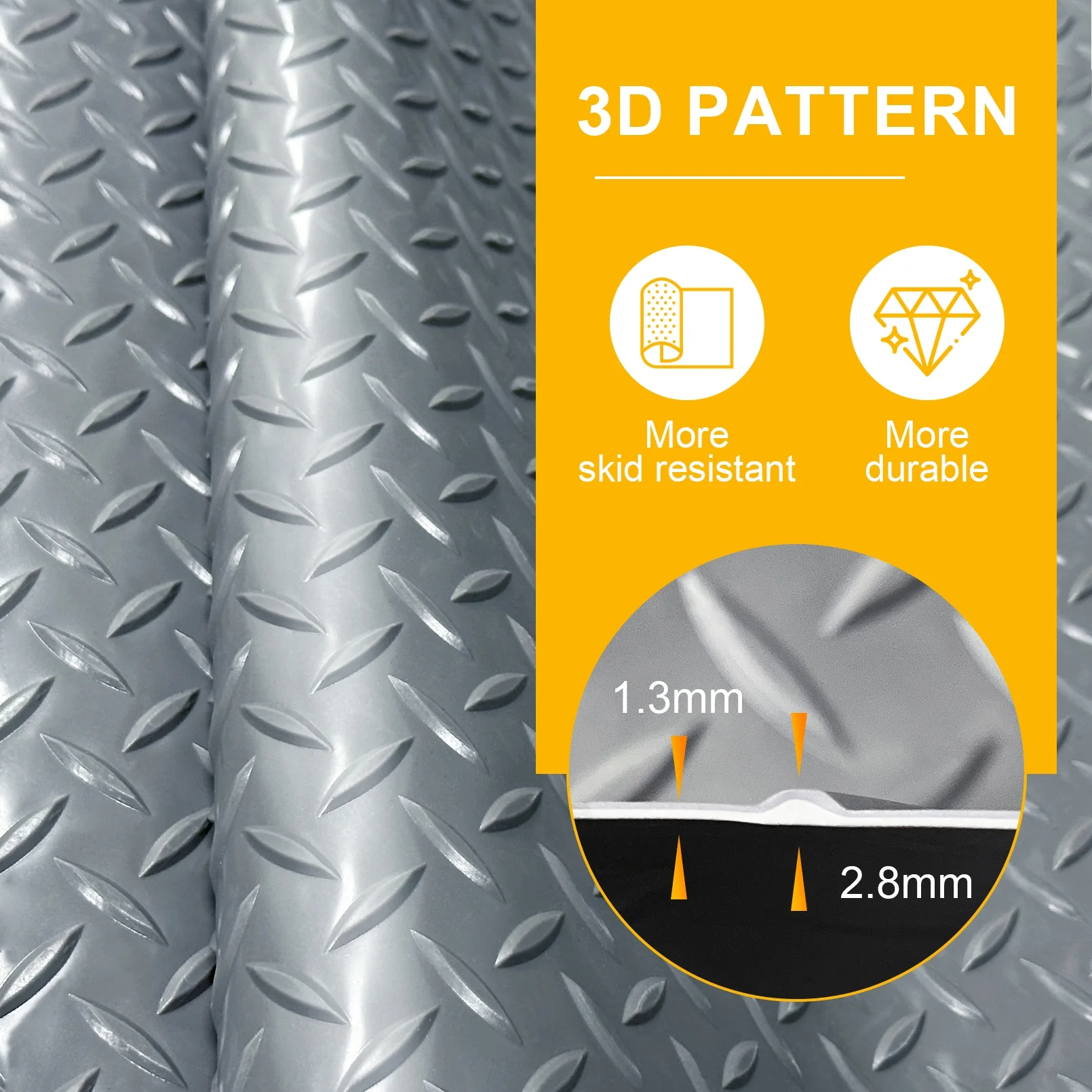 7.5x25 FT Garage Floor Mat, 2.8mm Thickened Flooring Roll for Under Car with 20Pcs Tapes, 188SQFT Diamond Plate, Non-Slip Floor Protector Mat for Garage, Warehouse, Gyms, Trailer