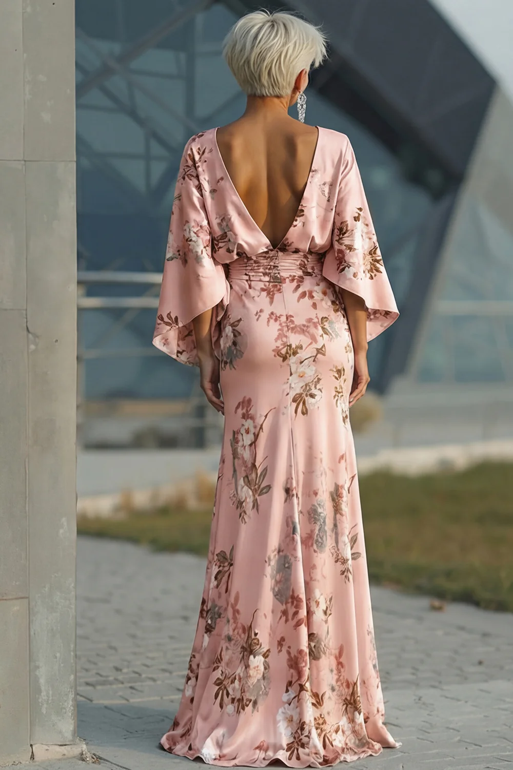 Floral Dusty Rose Ruched Boat Neck Ruched Long Mother of the Bride Dress with Pockets