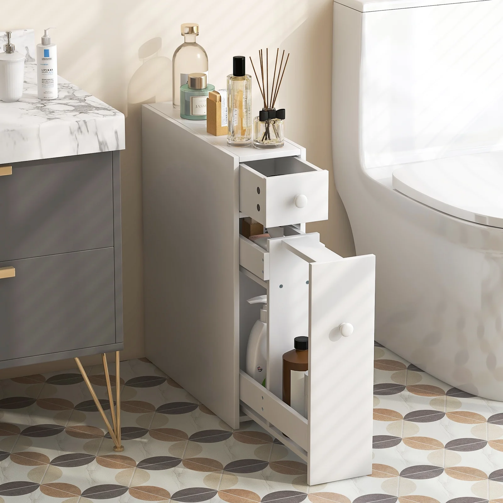 Topbuy Slim Bathroom Storage Cabinet Freestanding Toilet Paper Holder with Slide Out Drawers for Small Spaces White - Image 4