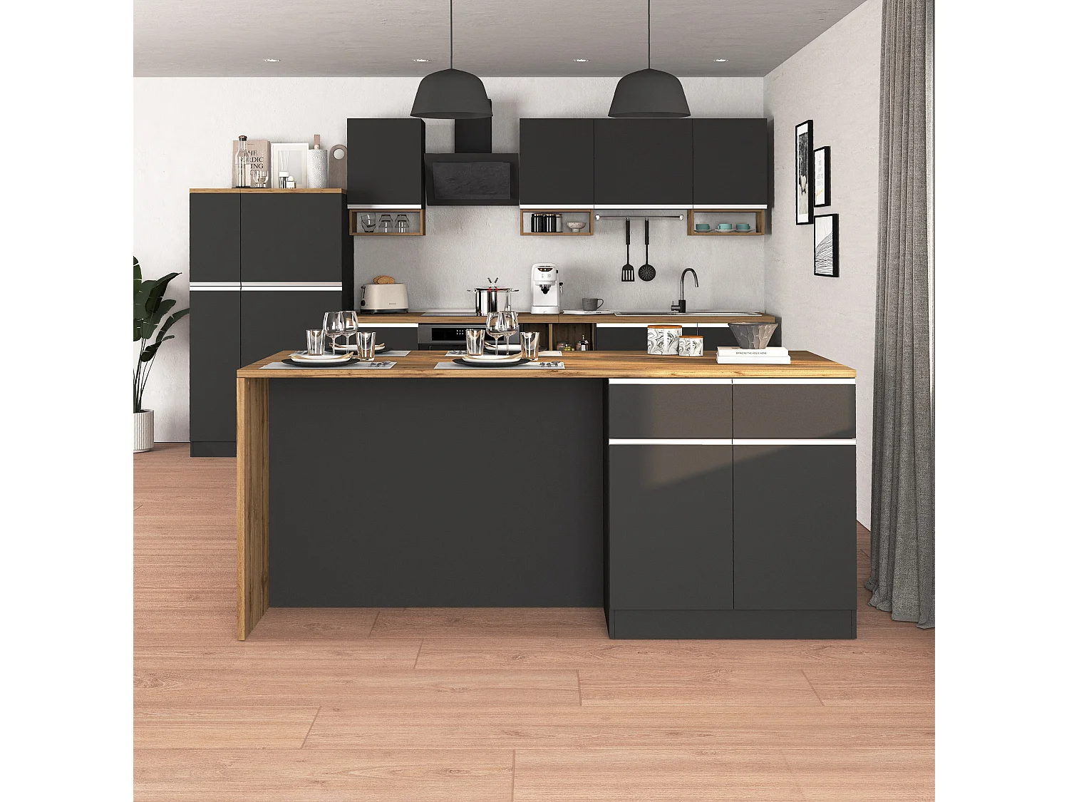 Îlot de cuisine Sole avec 4 portes et 4 tiroirs anthracite mat/chêne 200x90x90 cm