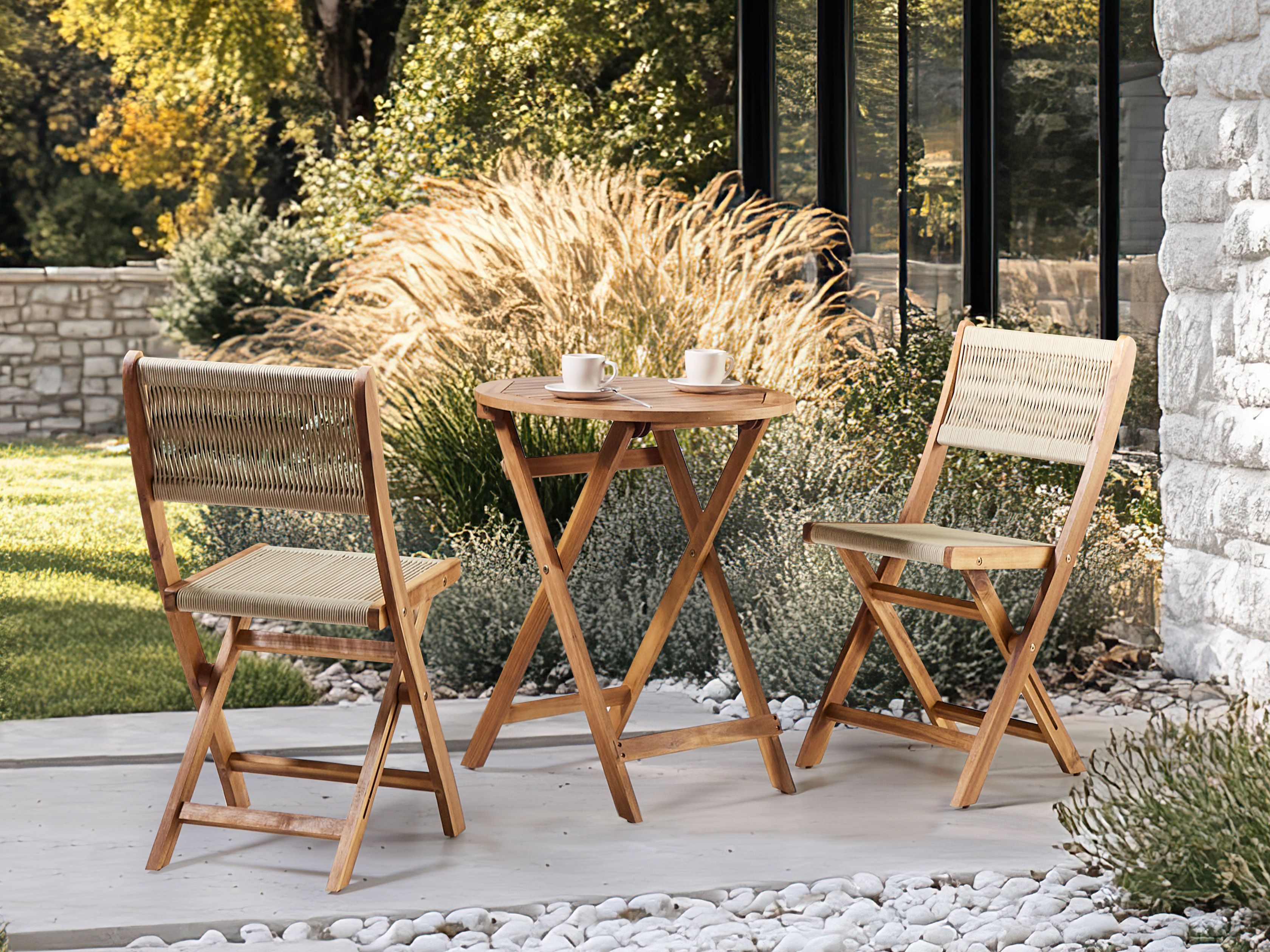 Bistro Set Folding PROSSEDI Acacia Wood Beige