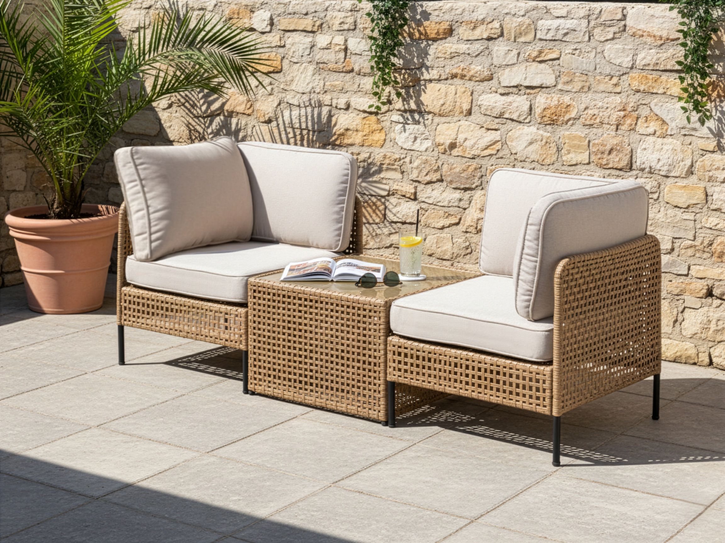 Garden Sofa with Table 2 Seater OMEGANA PE Rattan Light Beige