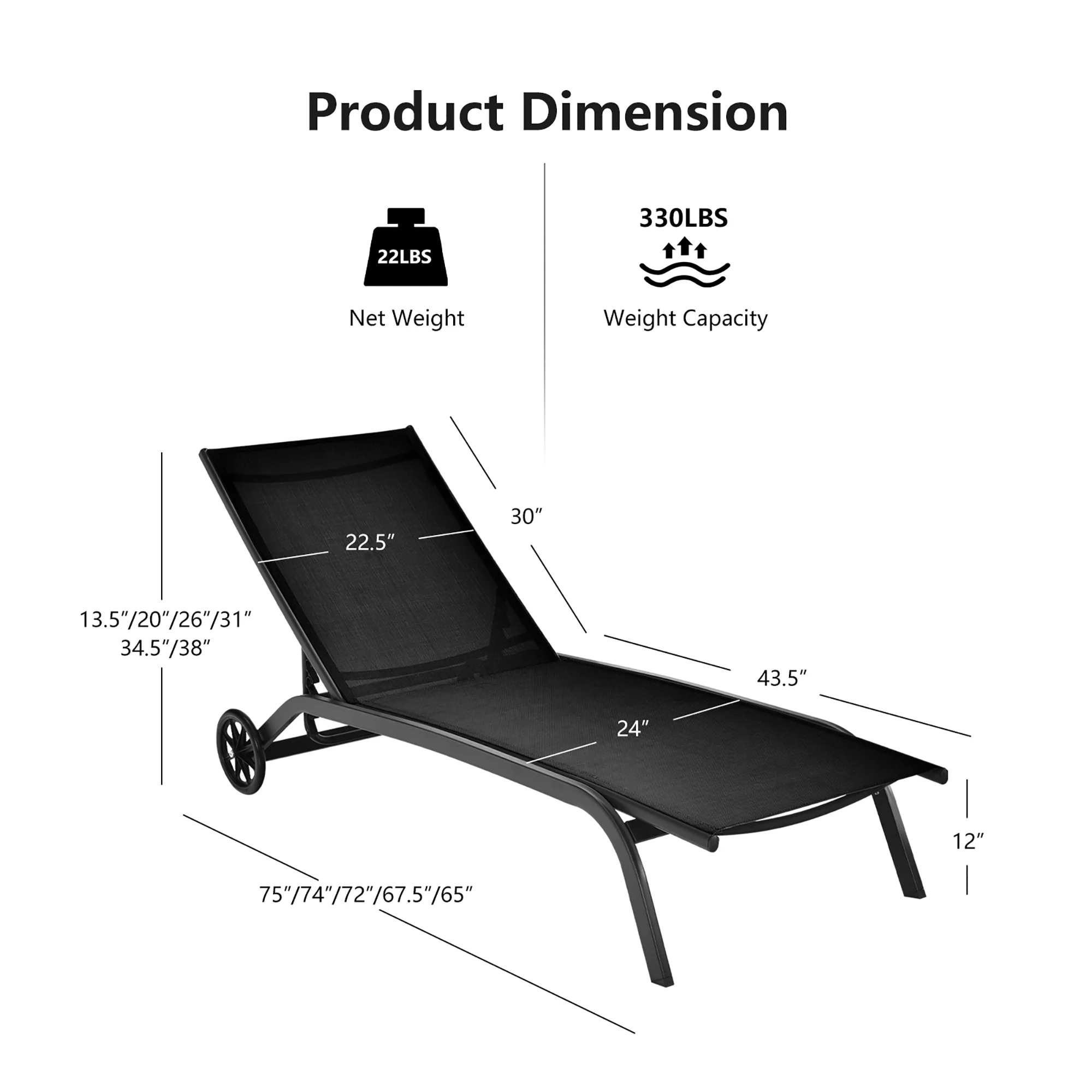 Costway 2PCS Outdoor Adjustable Chaise Lounge Patio 6-Position Recliner Wheels Black - Image 6