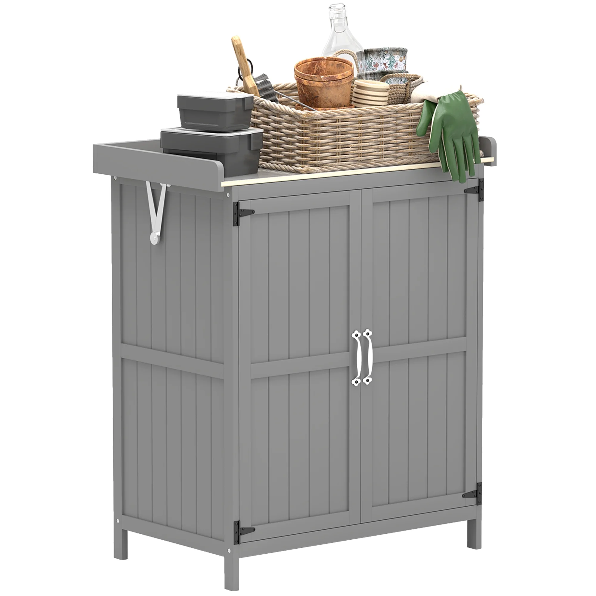 Outsunny Outdoor Garden Shed, Wooden Backyard Shed with Metal Tabletop, Shelf and 2 Doors for Patio, Lawn, Gray - Image 2