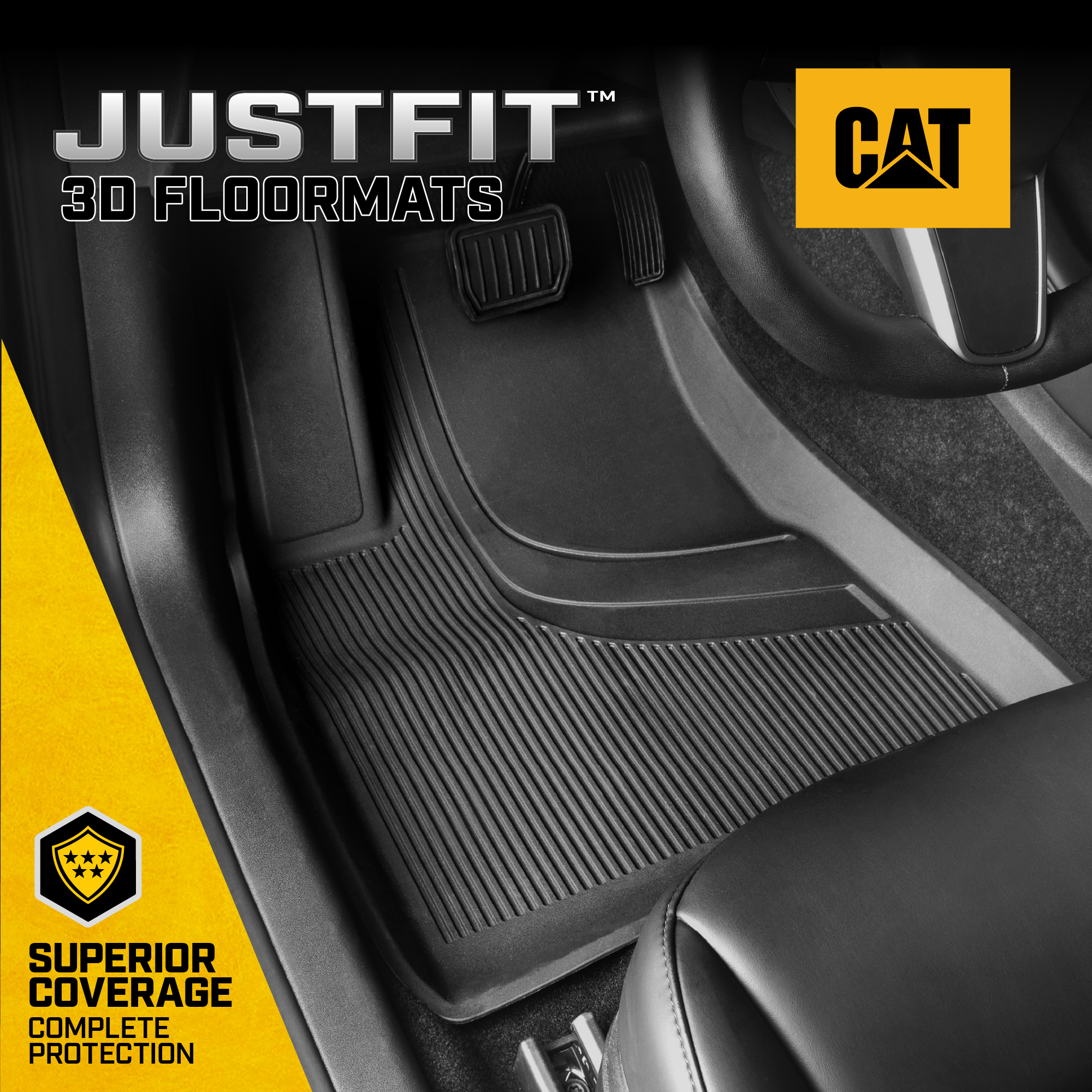 Cat? JustFit? 3D Floor Mats for Tesla Model 3 2017-2024 - Custom Fit Tesla Model 3 Floor Mats with Extended Coverage Design, Premium Tesla Model 3 Accessories