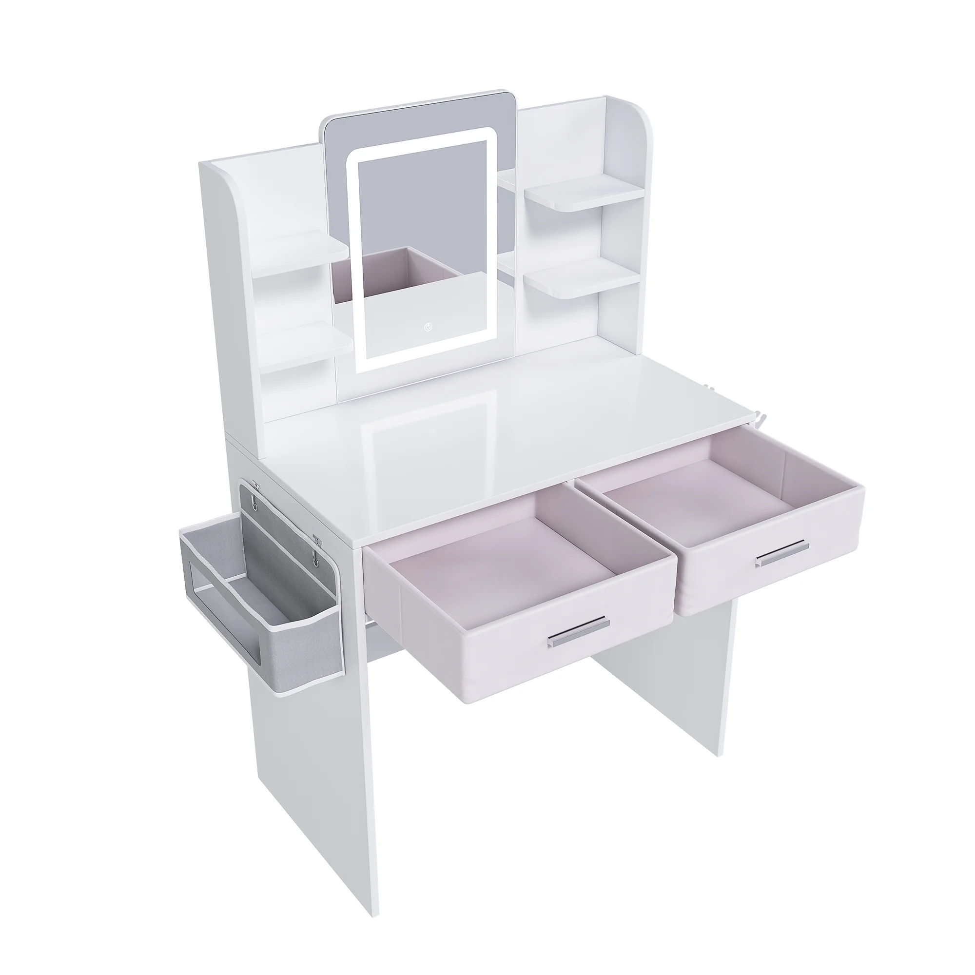 Montary Modern Mini Vanity w/Adjustable LED Mirror + Hidden Storage, Padded Stool & Dustproof Shelves (White) - Image 91