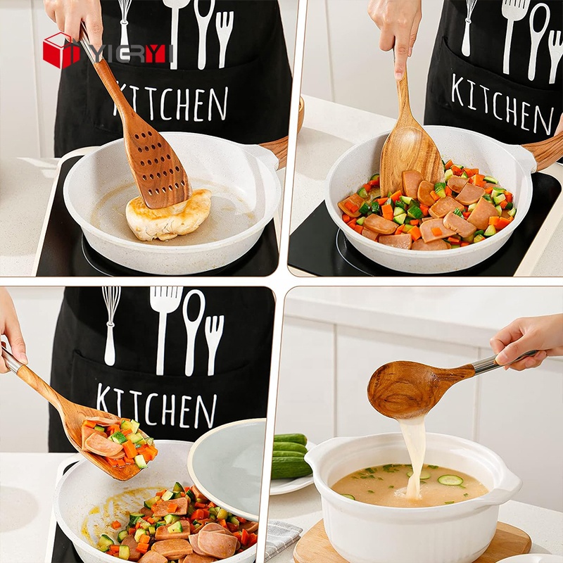 8 Piece Wood Cooking Kitchen Camping Utensil Set With Stainless Steel Holder
