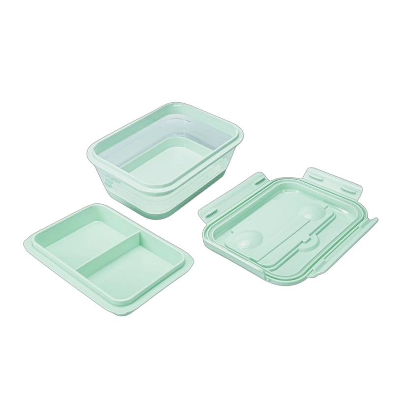 BPA Free Food Grade Silicone Square Lunch Box with Plastic Lid Leak-proof Folding Dual Tier 1200ML Food Container Heatable