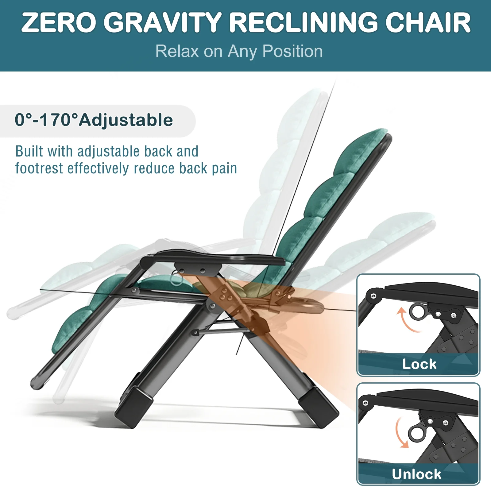 NAIZEA Zero Gravity Chair with Removable Cushion and Cup Holder Black - Image 27