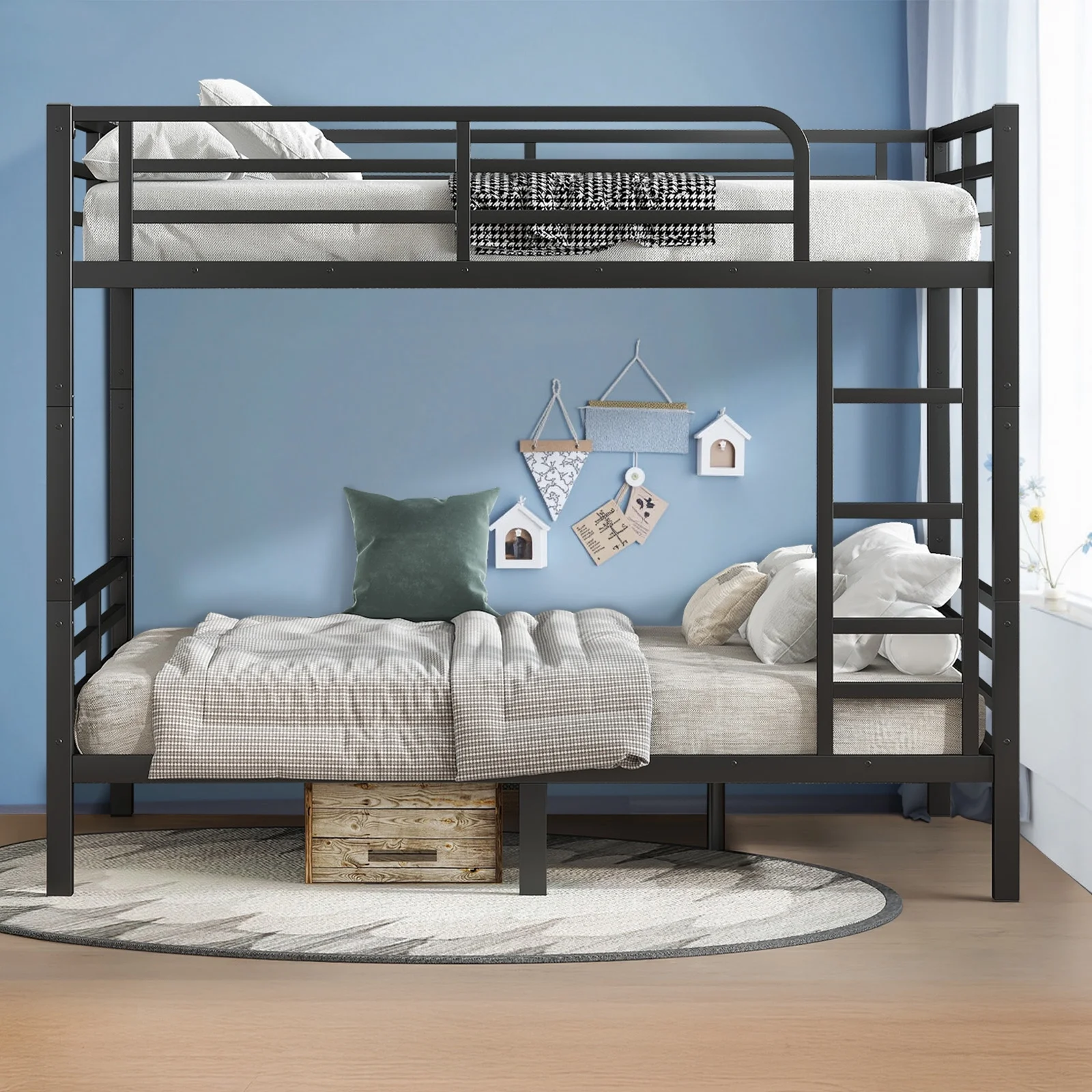 Miniyam Full over Full Metal Bunk Bed Frame with Dual Guardrails and Ladders, Heavy-Duty Quiet Design, Black