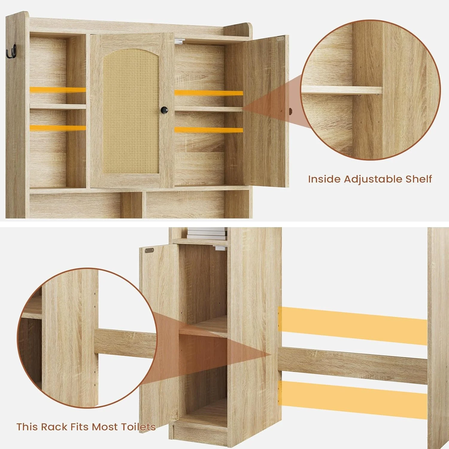 Over The Toilet Storage Cabinet with 3 Doors, Farmhouse Space Saver for Bathroom Organizer with Paper Holder, 10 Shelves and Hooks, 7-Tier Over Washing Machine Cabinet for Laundry, Bathroom, Natural - Image 11