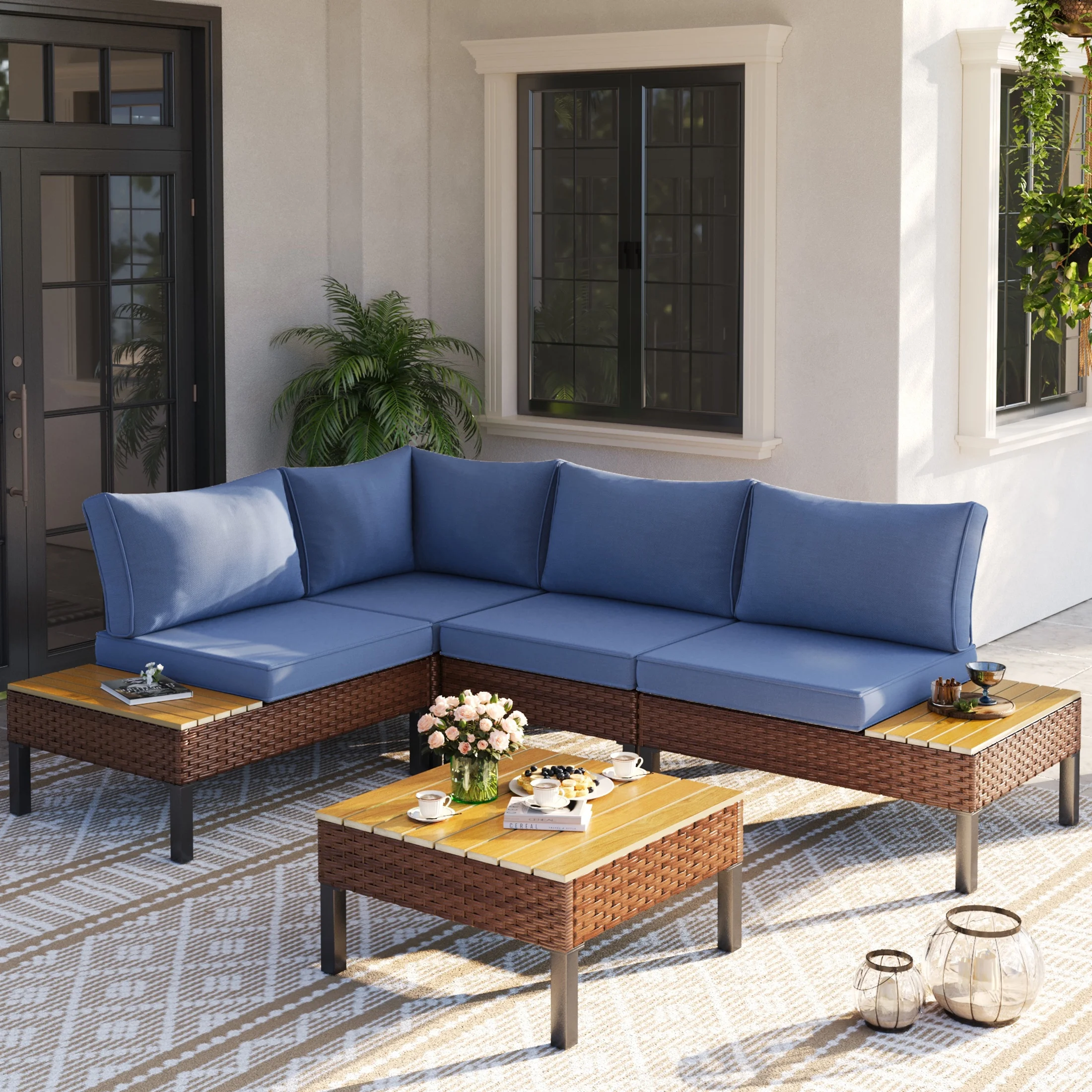Poteban 5-piece Rattan Outdoor Patio Sofa Set,L-Shaped Sectional Sofa Couch with Coffee Table for Backyard,Lawn,Garden,Navy Blue