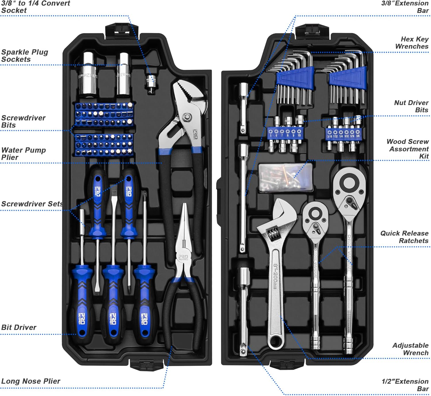 Prostormer 240-Piece Mechanics Tool Set, General Assorted SAE/Metric Sockets and Wrenches Automotive Repair Tool Kit with Plastic Storage Toolbox