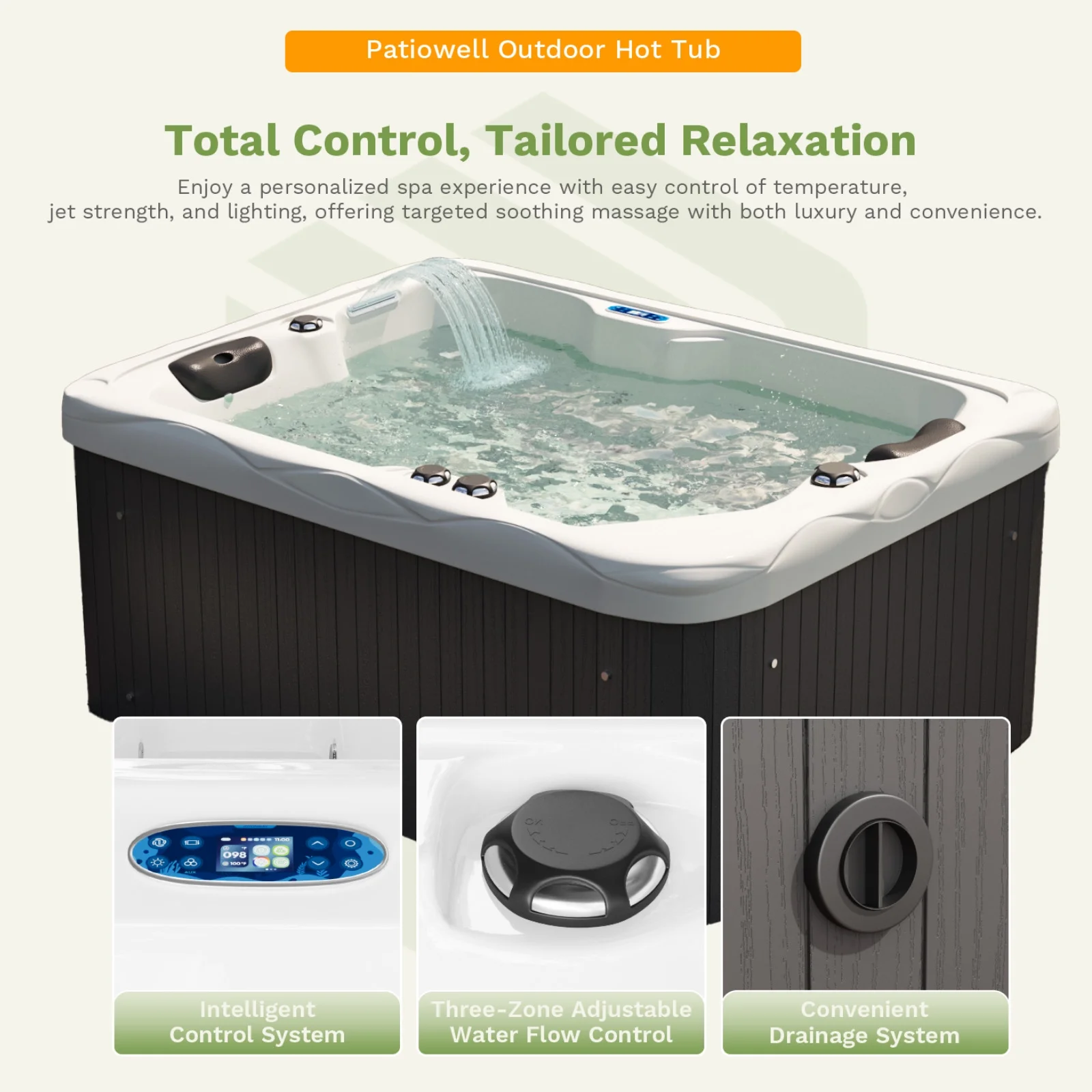 Patiowell 2 Person Home Spa Hot Tub for Outdoor, with 41pcs Massage Jets, LED lighting, Built-In Water Purification System, 900L, Black - Image 6