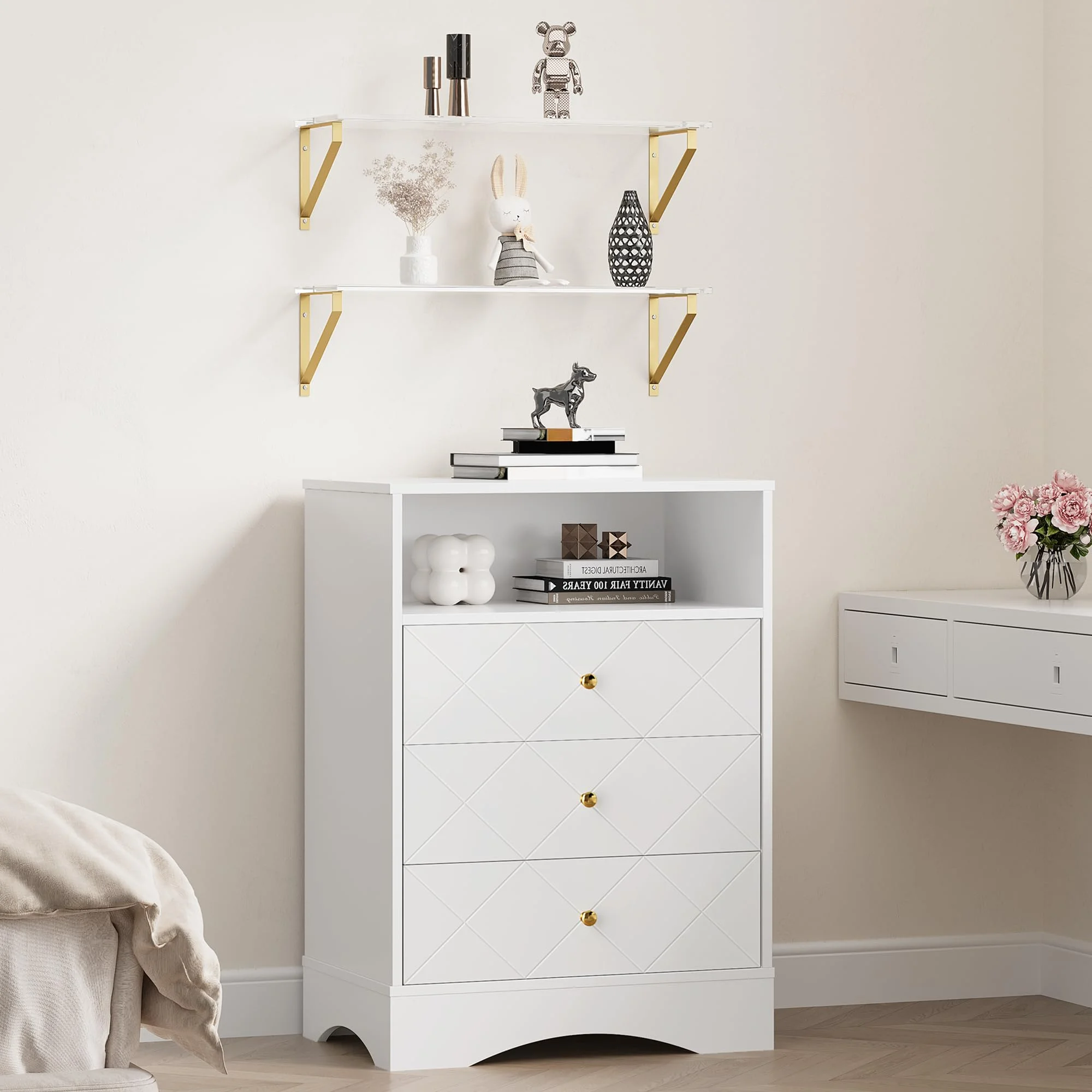 May Color Large White 3 Drawer Dresser Set of 2 with Fluted Panel, Modern Chest of Drawers with Silent Slide Drawers, Wood Accent Nightstand with Storage for Bedroom Living Room, Hallway - Image 106