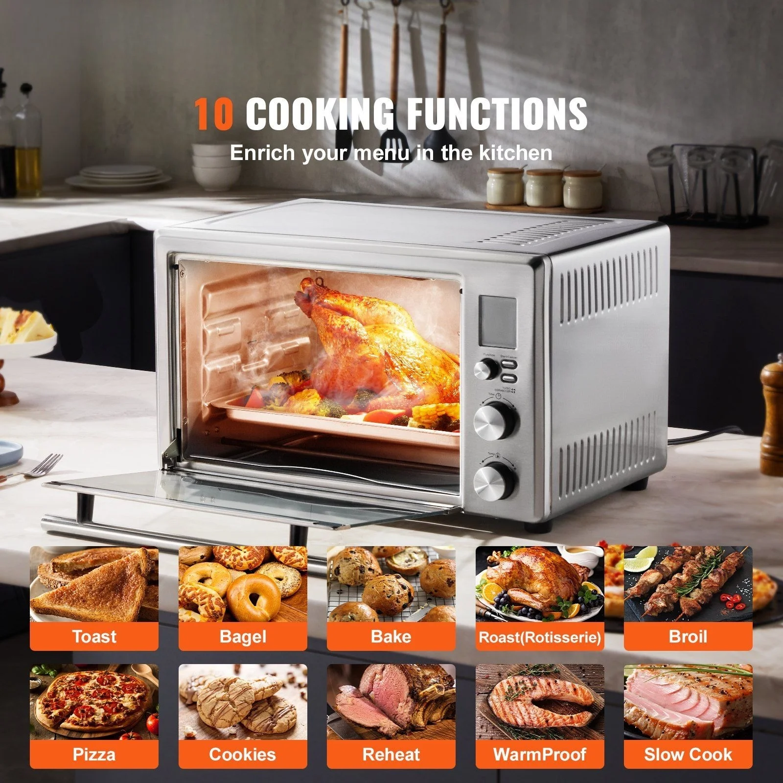 1800W High Power 28L Desktop Convection Oven 10 in 1 Multifunctional Residential Toaster, Pizza Baking Desserts