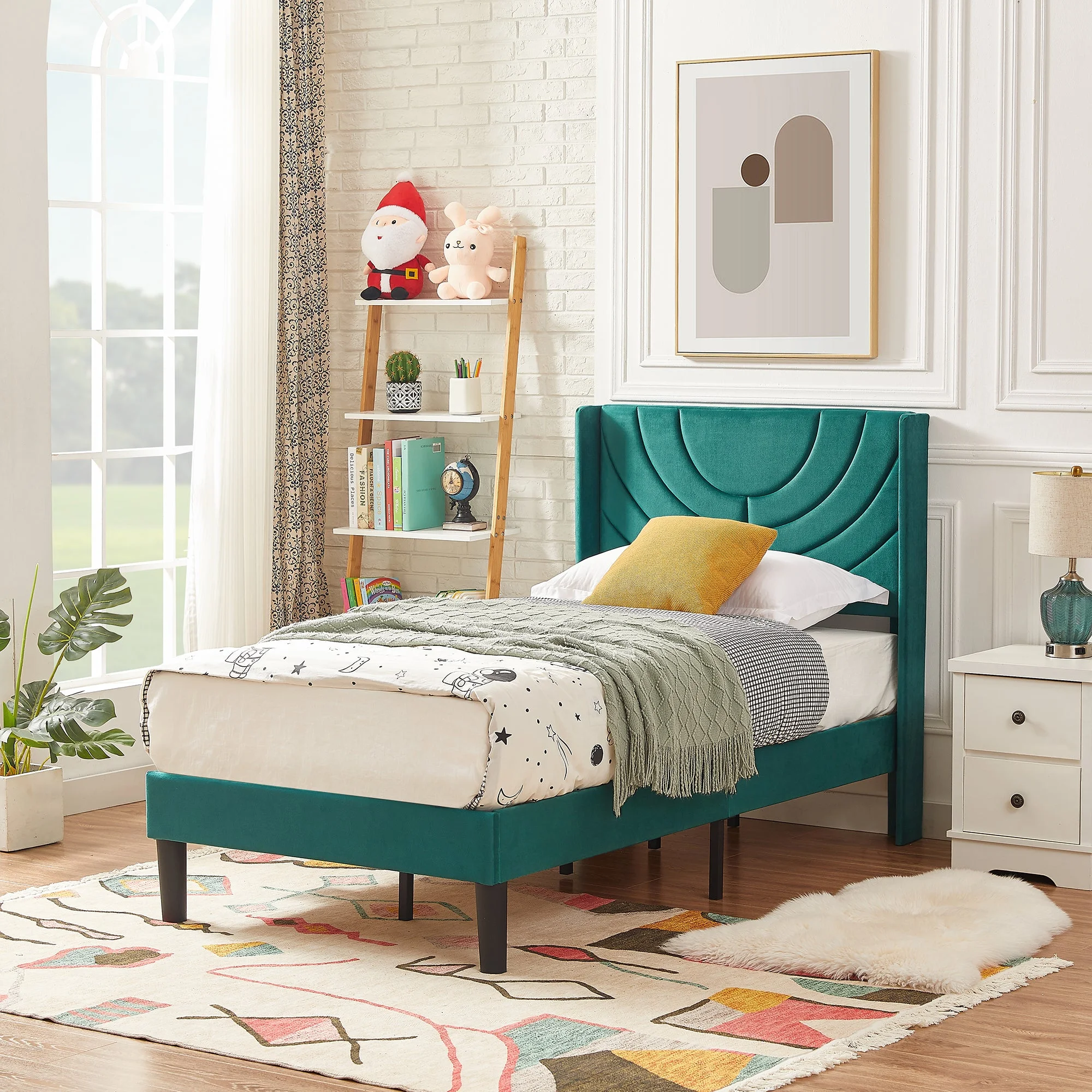 VECELO Set of 2 Twin Bed Frames, Modern Upholstered Platform Bed Frame with Tufted Headboard, No Box Spring Needed, Dark Green - Image 4
