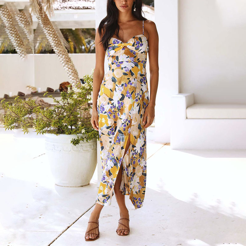 Ladies Summer Fresh Floral Print Sling Dress