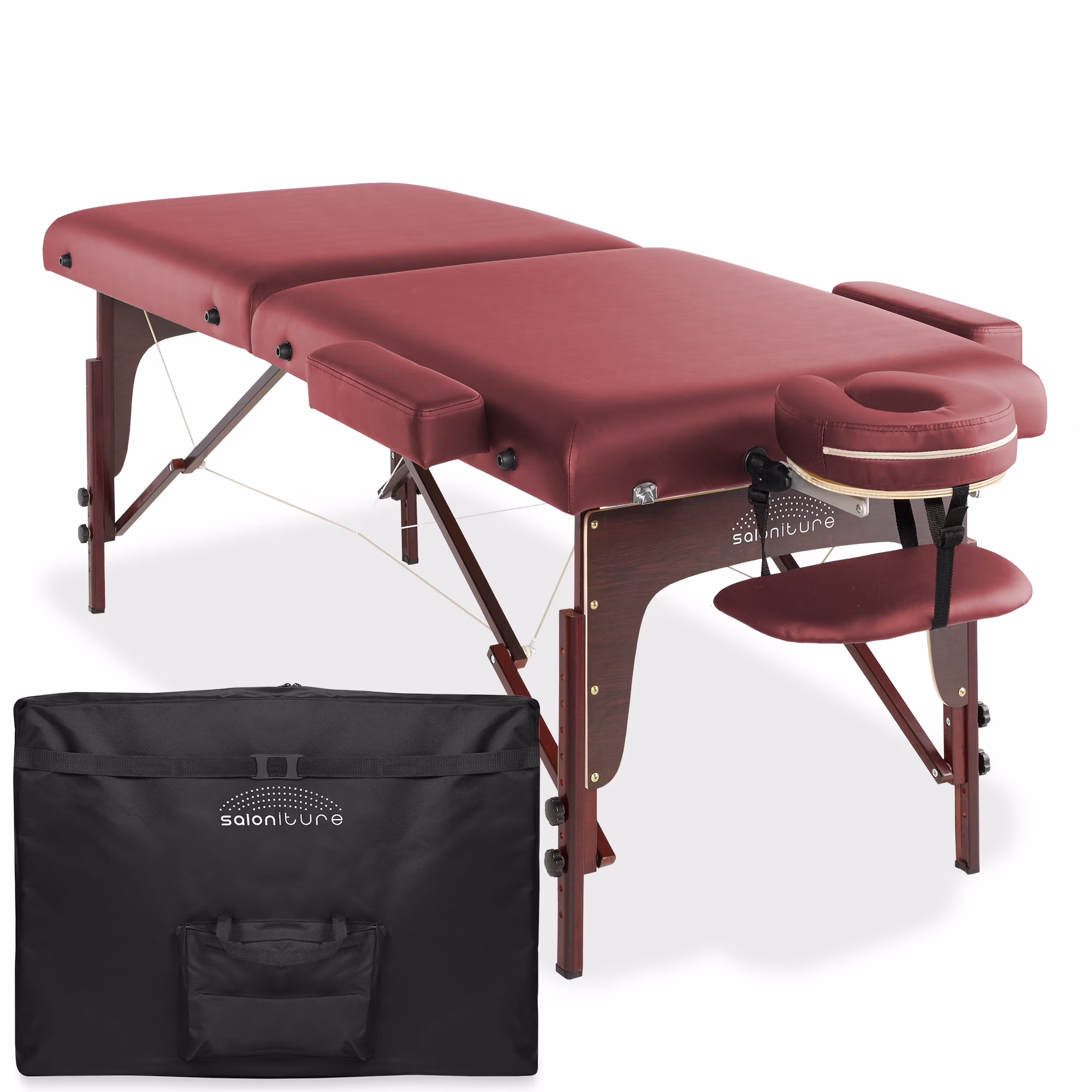 Saloniture Professional Portable Lightweight Bi-Fold Memory Foam Massage Table with Reiki Panels  - Includes Headrest, Face Cradle, Armrests and Carrying Case - Burgundy