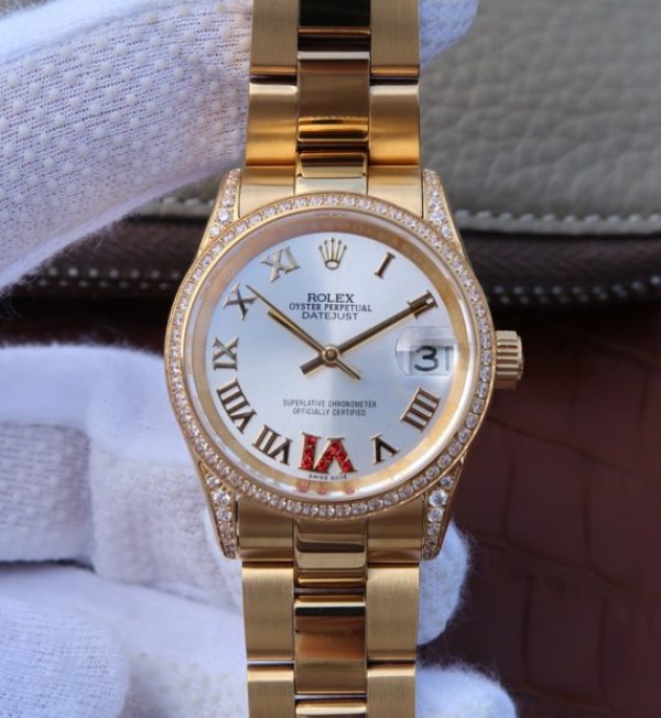 Replica Rolex DateJust 31mm Diamonds Bezel Roman Markers White Dial A2235 - Elite Watch Atelier