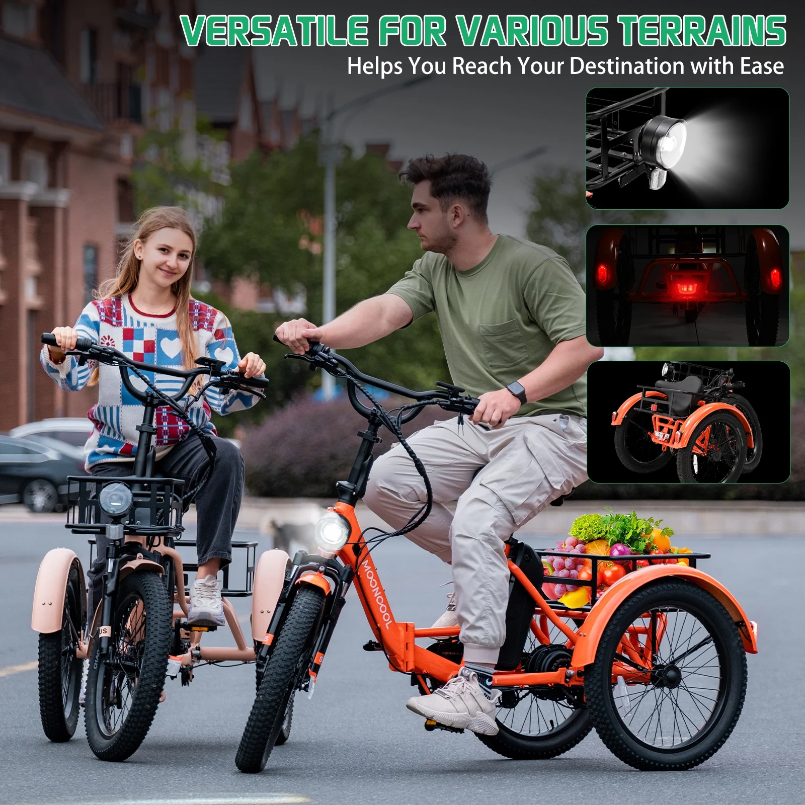 MOONCOOL TK1 Folding Electric Tricycle for Adults,48V 14.5Ah Removable battery, 500W(Peak 1000w)Motor, 20" Fat Tire Step-Thru 3Wheel Electric Bicycle w/Front&Rear Baskets, Certified to UL 2849 by SGS - Image 6