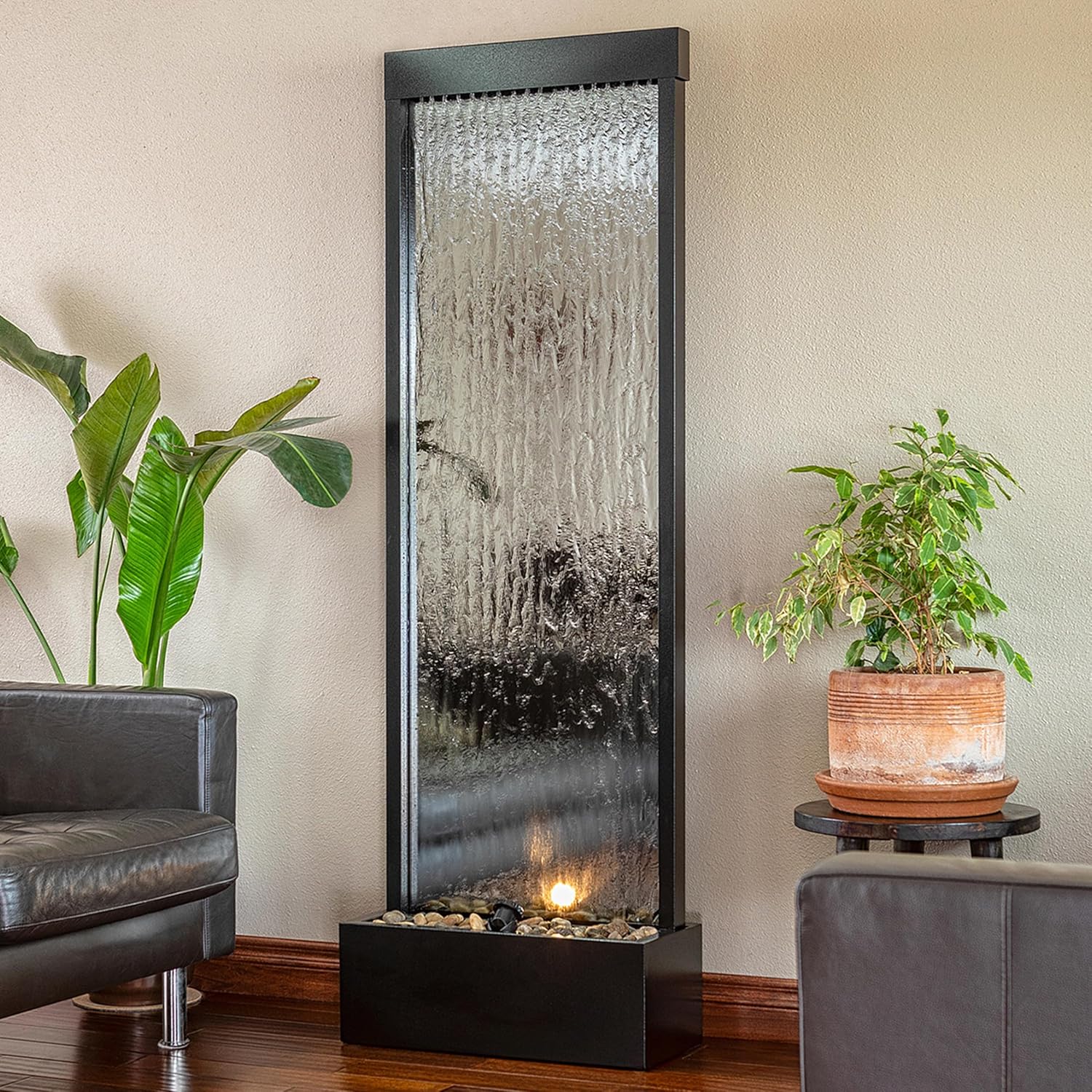 Alpine Mirror Waterfall Fountain with Stones & Lights, 72", Indoor/Outdoor Zen Decor
