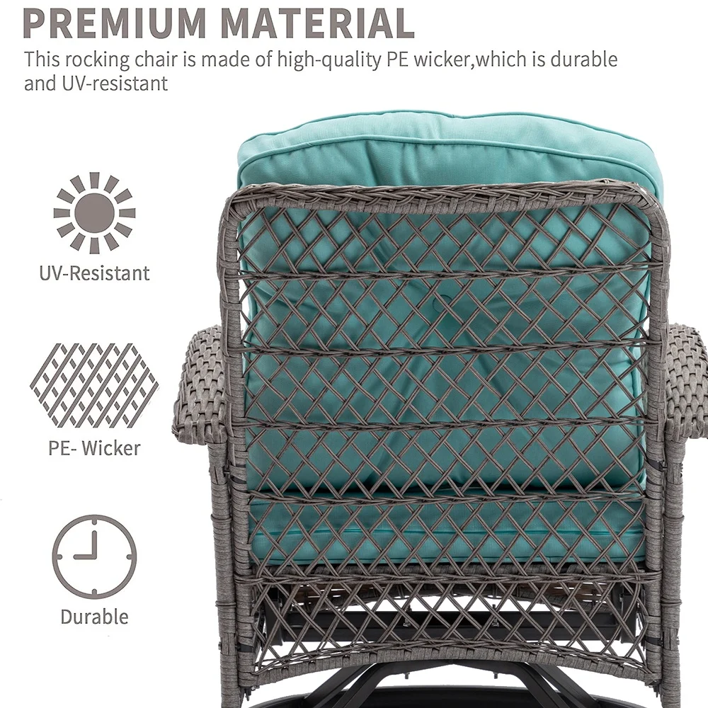 3 Piece Patio Swivel Rocker Chairs Set, 2 360-Degree Swivel Rocking Chairs with 1 Glass Top Table, PE Rattan Outdoor Bistro Set with Cushions for Balcony Deck Poolside Backyard Porch - Image 8