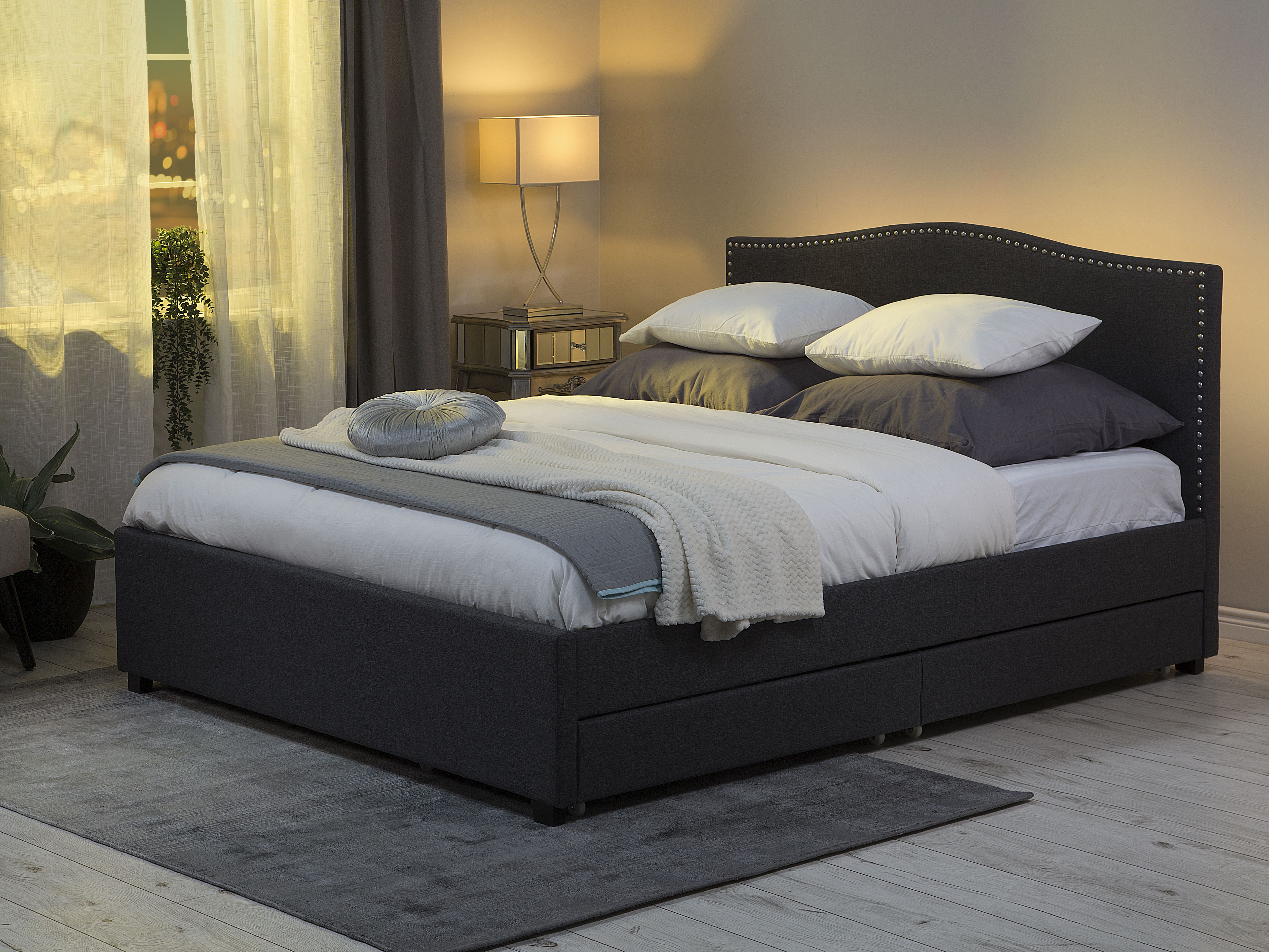 Bed with Storage Drawers Fabric MONTPELLIER 180 x 200 cm (EU Super King) LED Dark Grey