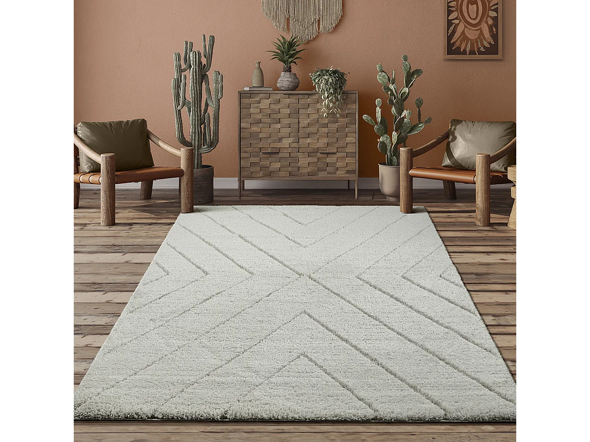 Tapis Bahar Shaggy motif triangle, Crème, 160 x 230 cm