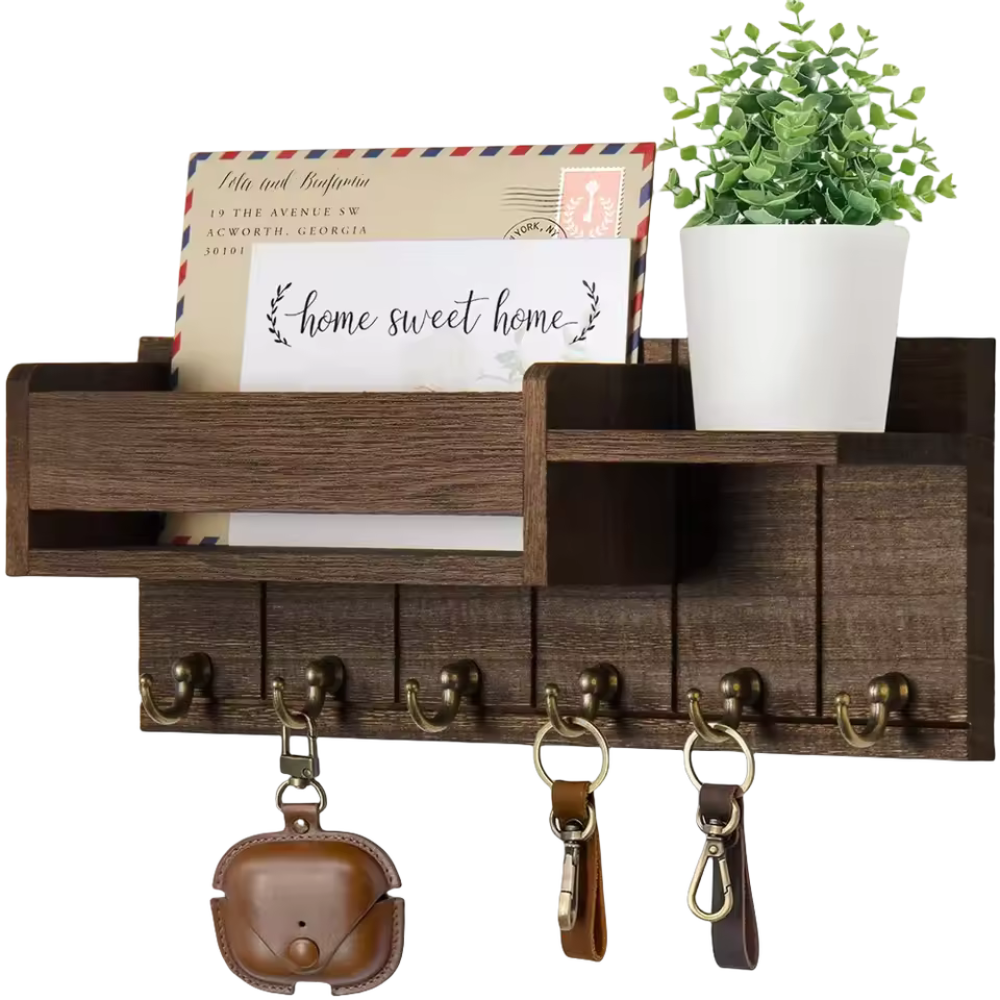 Stijlvolle Massief Houten Wandorganizer met Haken en Planken voor Sleutels en Accessoires