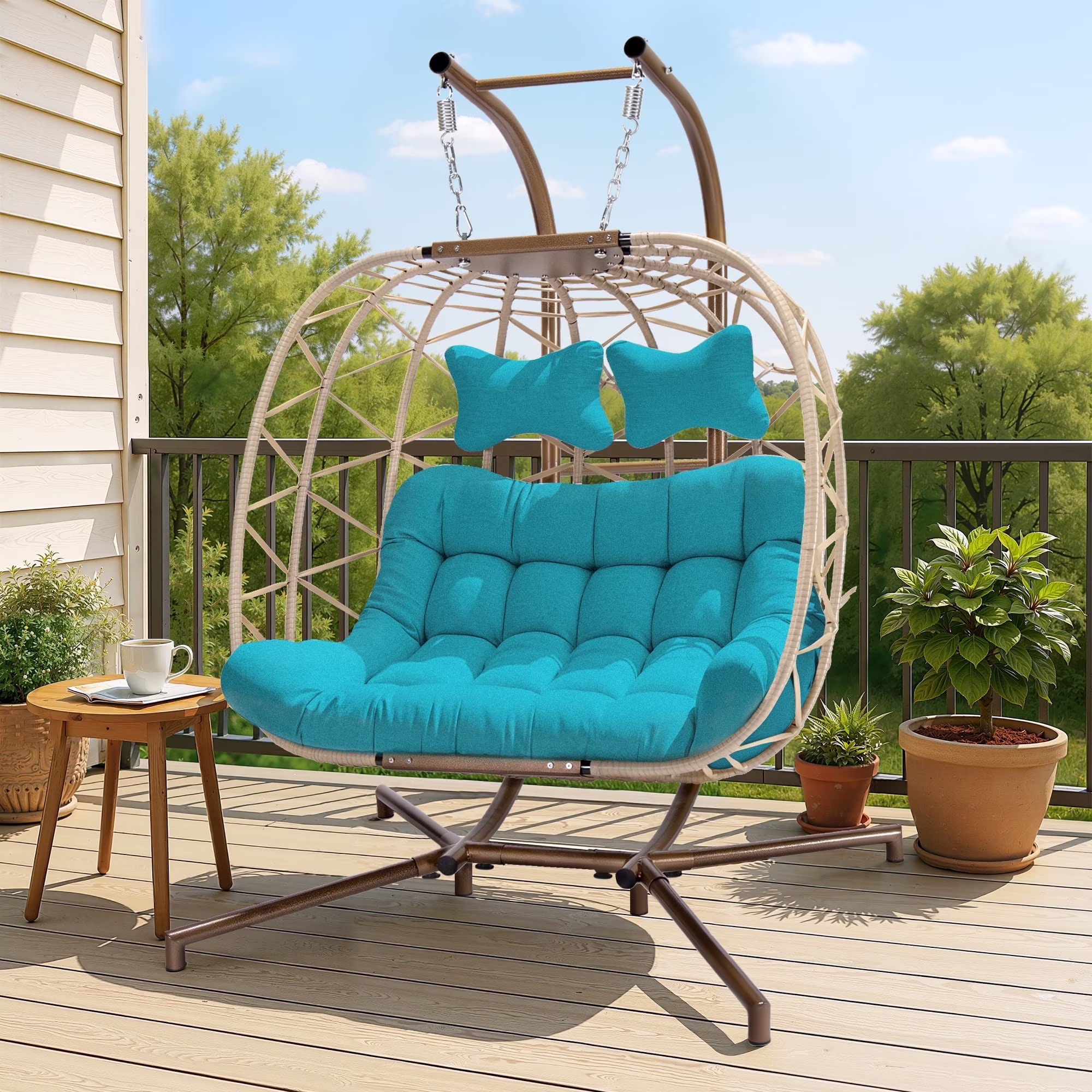 RADIATA Double Wicker Egg Swing Chair with Stand, 2-Person Hanging Egg Chair for Indoor/Outdoor, 700lbs Capacity, Thick Cushions & Headrest,Sturdy Metal Frame��Dark Gray - Image 5