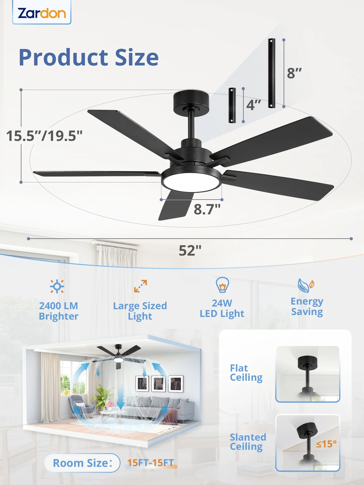Zardon 52 inch Black Ceiling Fan with LED Light and Remote, Downrod 6-Speed and Quiet Reversible DC Motor for Bedroom, Living Room, Indoor