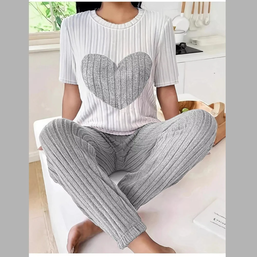 Heart Ribbed Knit Top and Pants Lounge Set - ZKZOOK