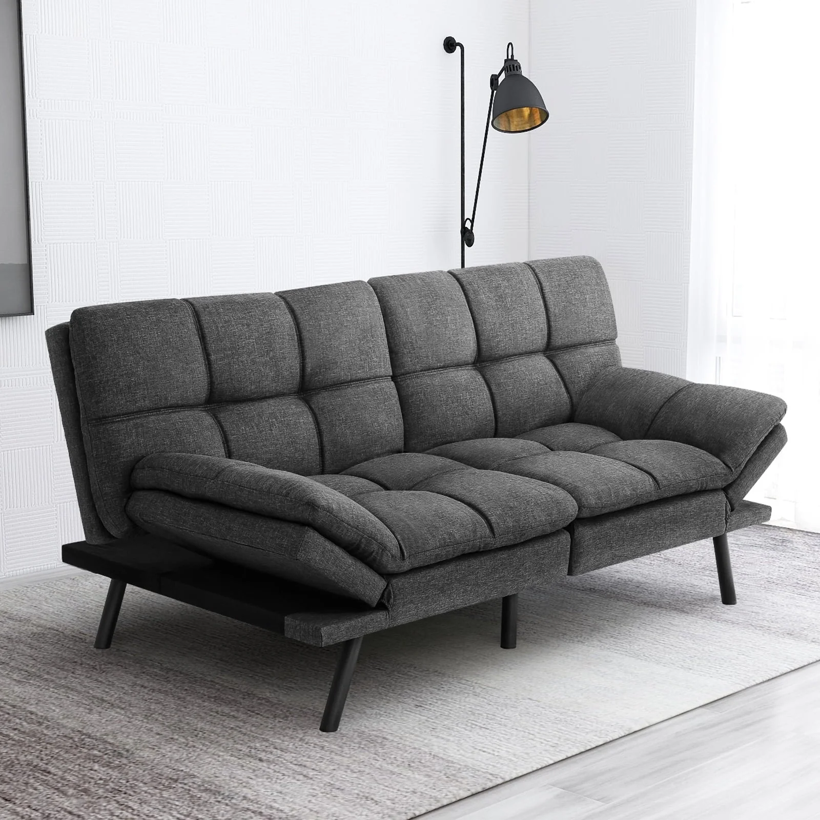 Convertible Memory Foam Futon Sofa Bed with Adjustable Armrests and Backrest,Gray