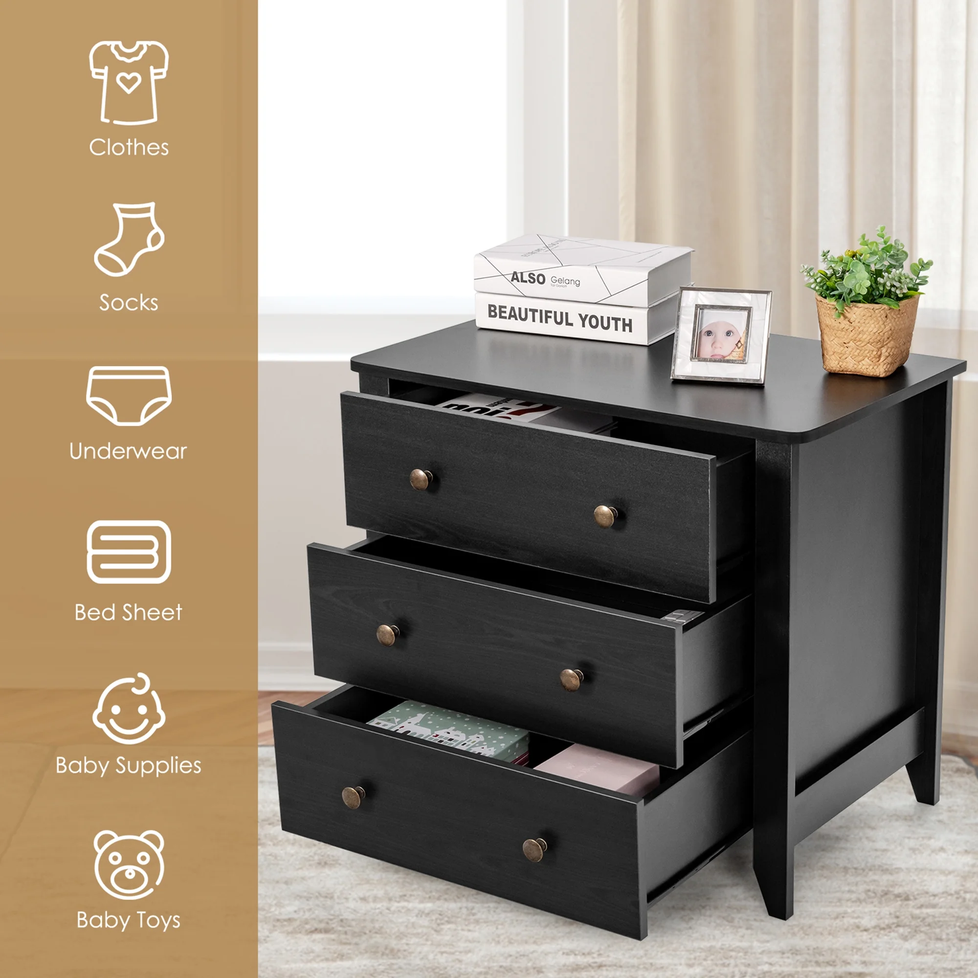 Gymax 3 Drawer Dresser Chest of Drawers Bedside Table for Living Room Bedroom Espresso - Image 16
