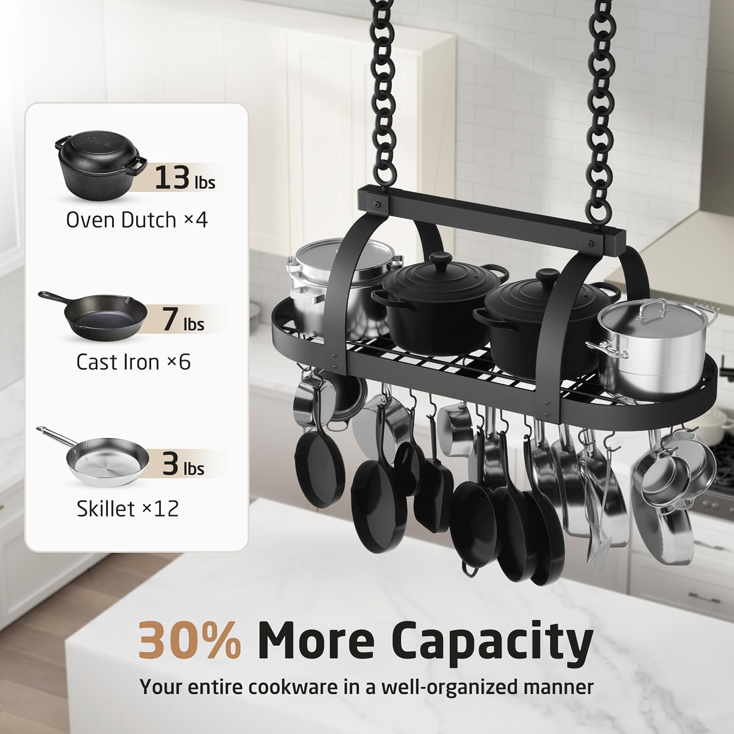 KES 48 Inch Large Hanging Pot Rack, Heavy Duty Oval Pot and Pan Hanging Rack Ceiling Mount, Pot Pan Hangers for Kitchen with 20 Hooks, Matte Black, (For 16