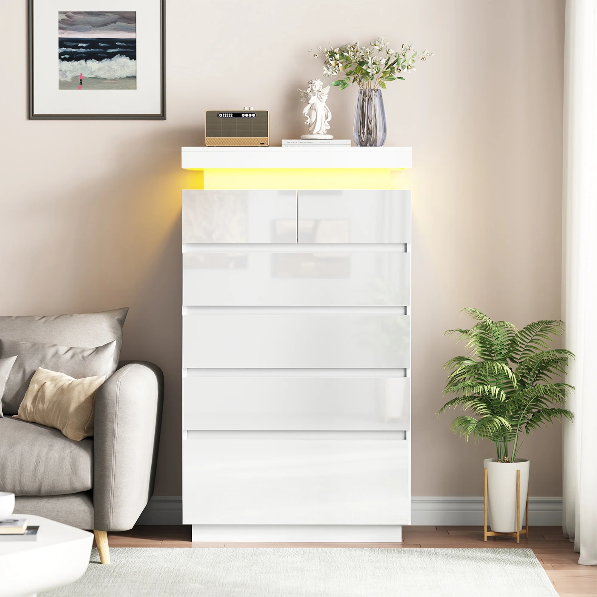 NEGYLIM 6 Drawer White Dresser, High Gloss Dresser with LED Light for Bedroom, Living Room, Hallway, Easy Assembly - Image 11