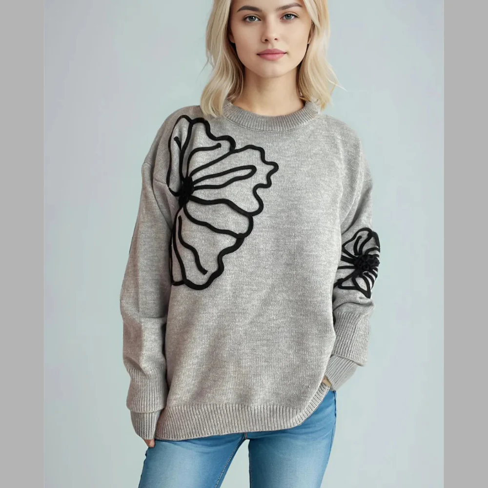 Flower Round Neck Long Sleeve Sweater - ZKZOOK